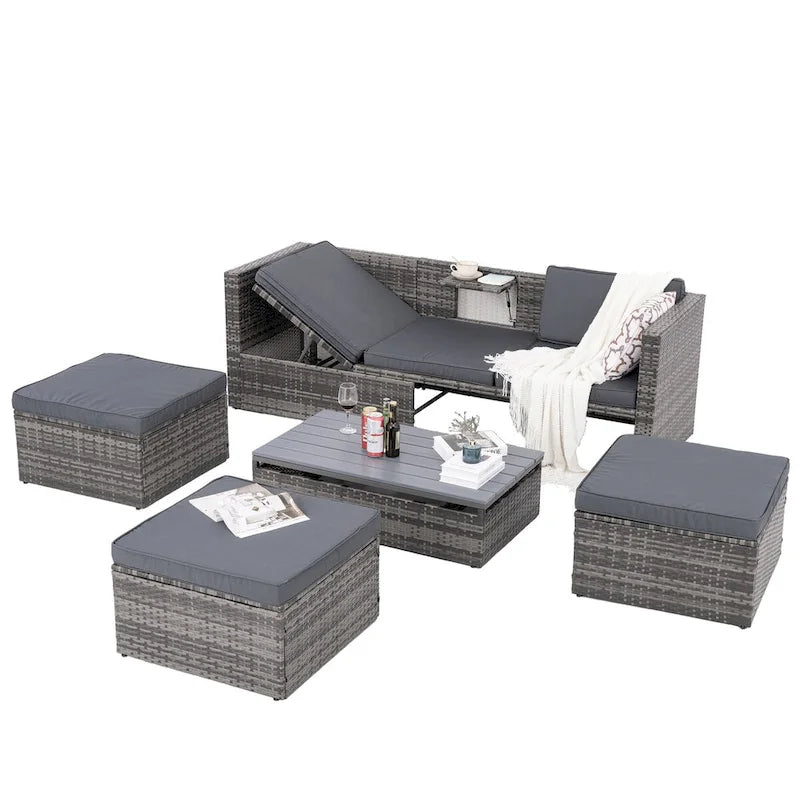 5-Piece PE Wicker Patio Furniture Set: Adjustable Sofa & Coffee Table