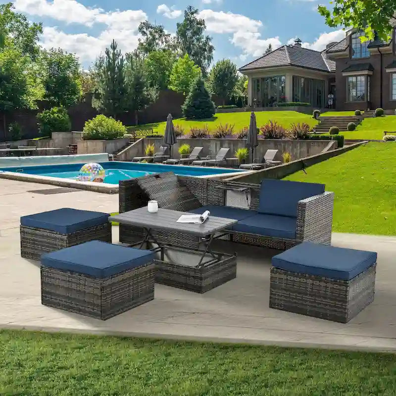 5-Piece PE Wicker Patio Furniture Set: Adjustable Sofa & Coffee Table