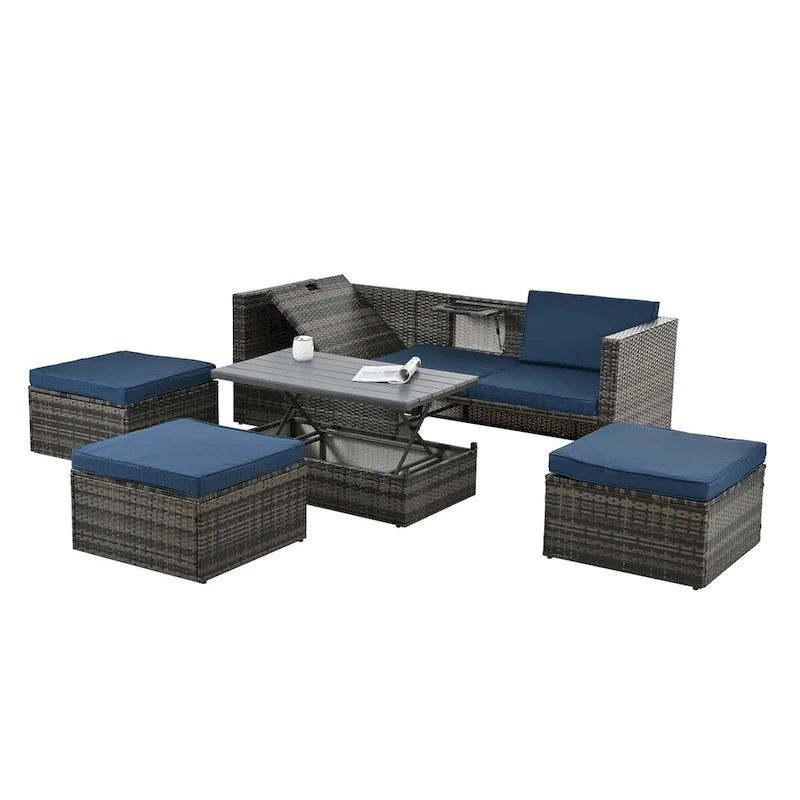 5-Piece PE Wicker Patio Furniture Set: Adjustable Sofa & Coffee Table