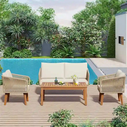 4-Piece Patio Conversation Set, Solid Wood Loveseat, 2 Chairs & Table