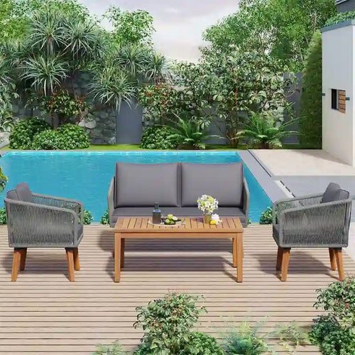 4-Piece Patio Conversation Set, Solid Wood Loveseat, 2 Chairs & Table