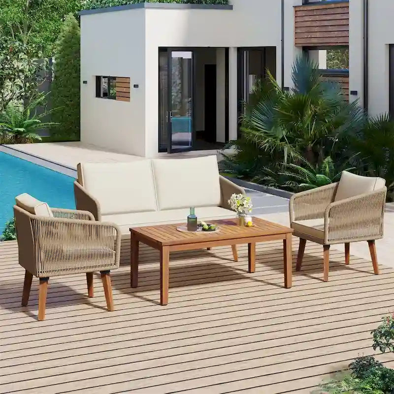 4-Piece Patio Conversation Set, Solid Wood Loveseat, 2 Chairs & Table