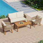 4-Piece Patio Conversation Set, Solid Wood Loveseat, 2 Chairs & Table