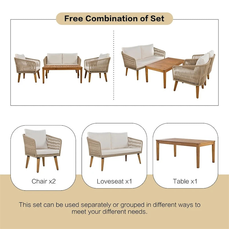 4-Piece Patio Conversation Set, Solid Wood Loveseat, 2 Chairs & Table