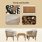 4-Piece Patio Conversation Set, Solid Wood Loveseat, 2 Chairs & Table