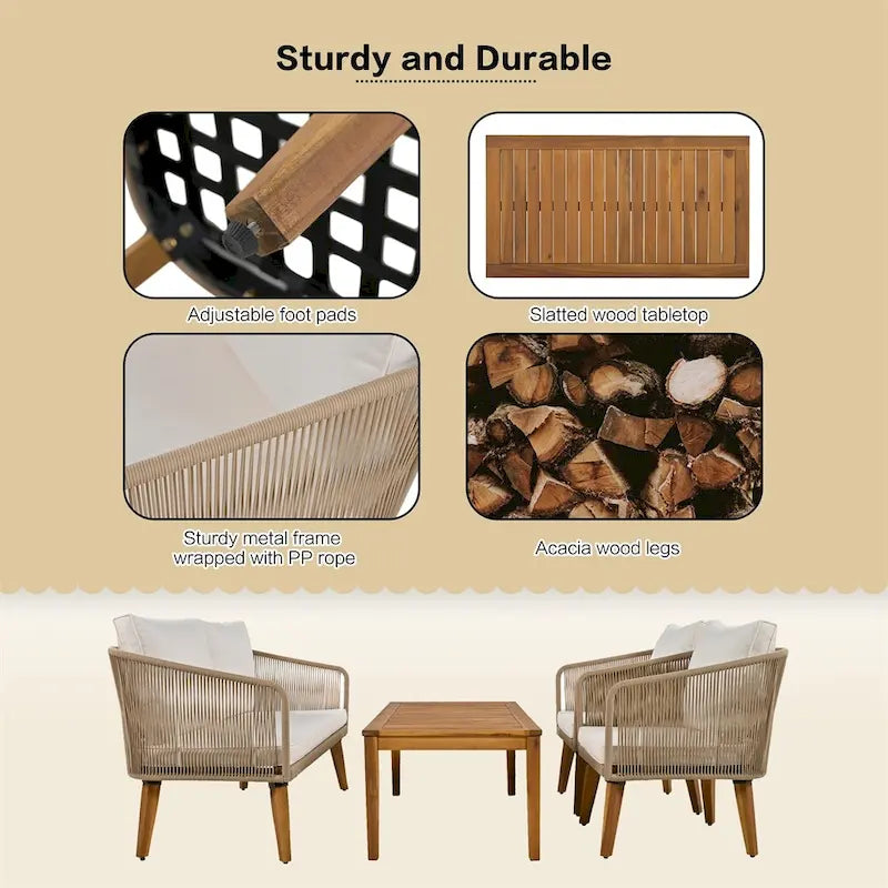 4-Piece Patio Conversation Set, Solid Wood Loveseat, 2 Chairs & Table