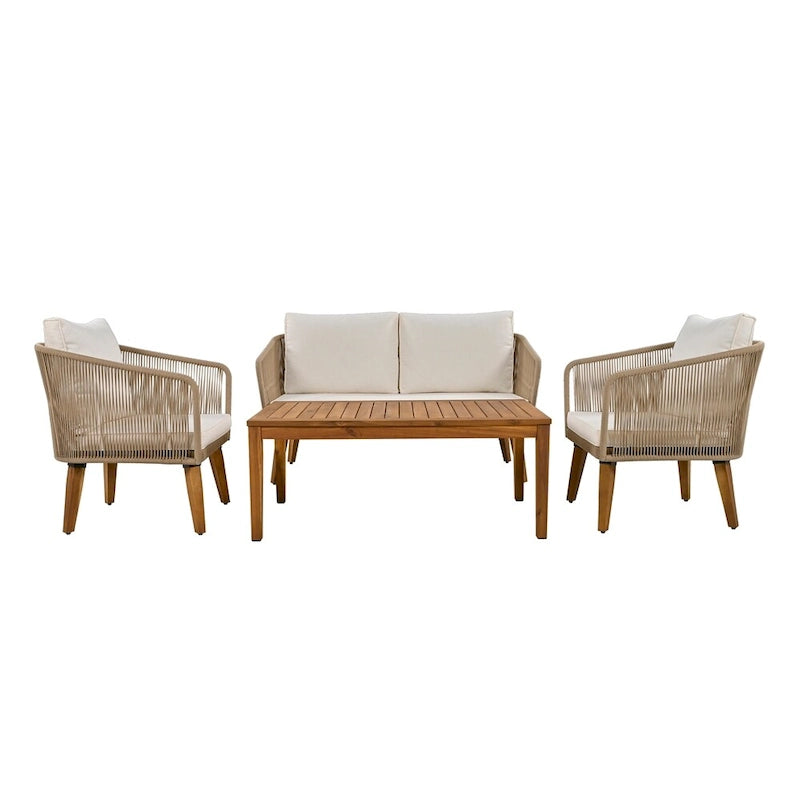 4-Piece Patio Conversation Set, Solid Wood Loveseat, 2 Chairs & Table