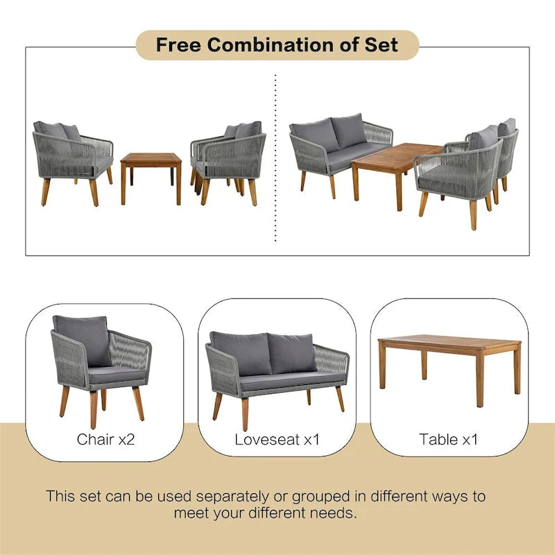 4-Piece Patio Conversation Set, Solid Wood Loveseat, 2 Chairs & Table