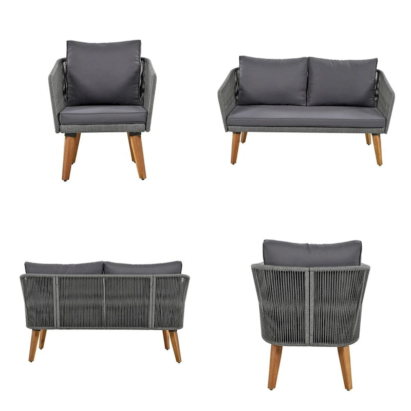 4-Piece Patio Conversation Set, Solid Wood Loveseat, 2 Chairs & Table