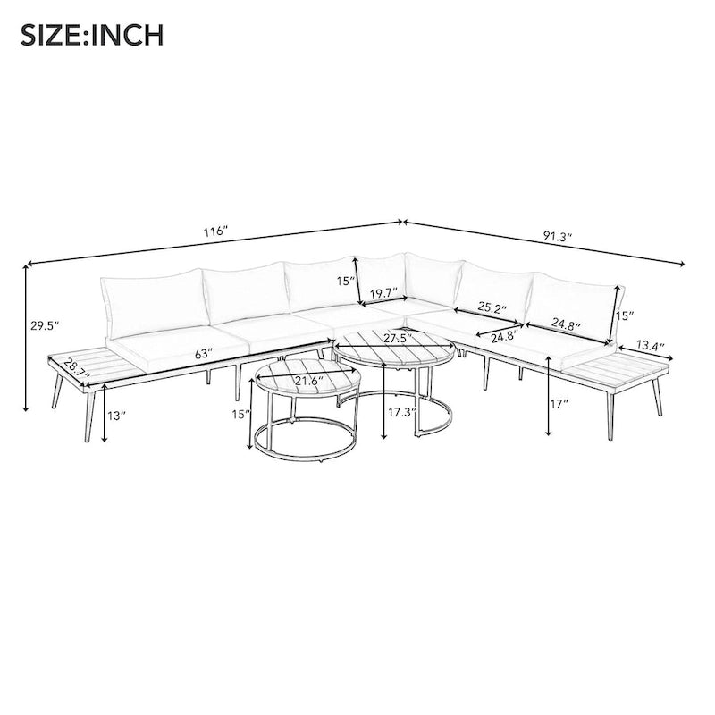 6-Piece Outdoor Sectional Sofa Set with Nesting Tables and Cushion