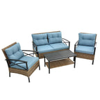 Blue Rattan Wicker Patio 4-Piece Sectional Set with Steel Table