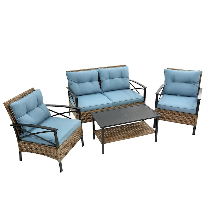 Blue Rattan Wicker Patio 4-Piece Sectional Set with Steel Table