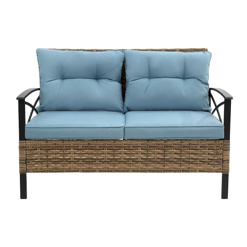 Blue Rattan Wicker Patio 4-Piece Sectional Set with Steel Table