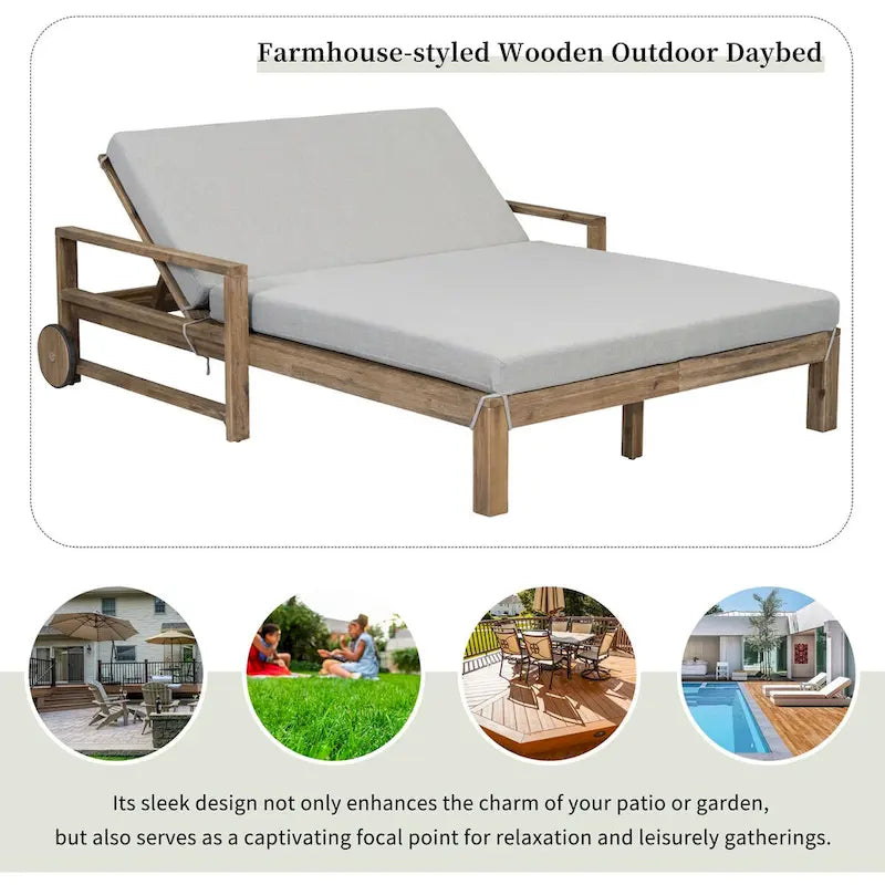 Farmhouse Acacia Wood Outdoor Sunbed with Adjustable Backrest