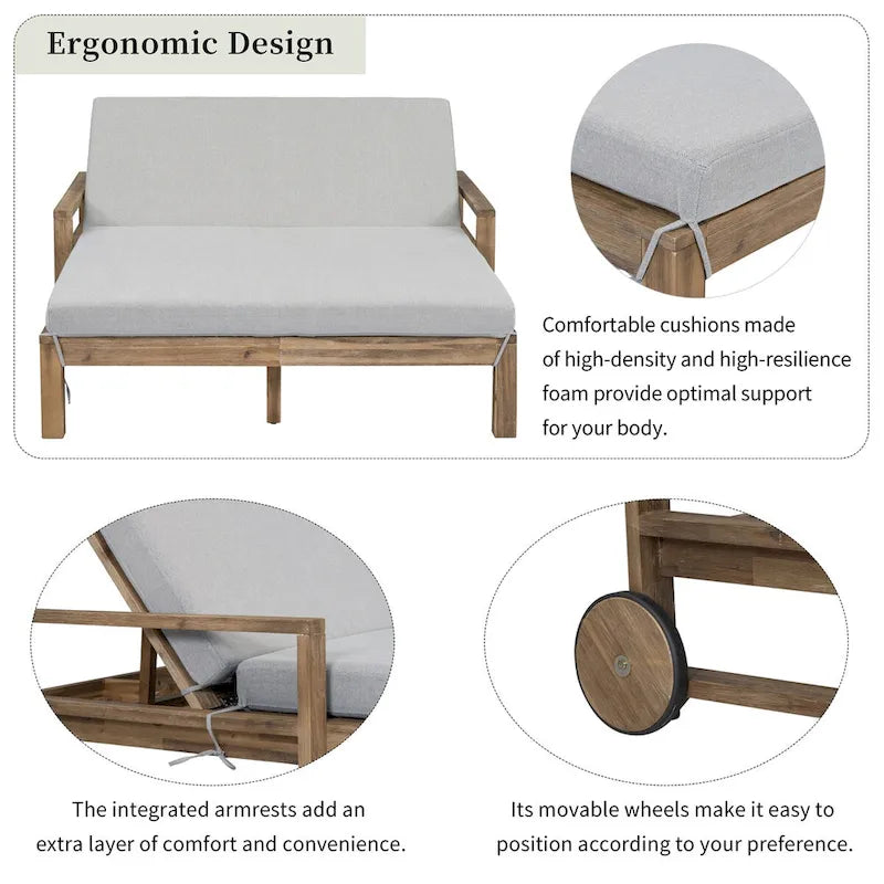 Farmhouse Acacia Wood Outdoor Sunbed with Adjustable Backrest