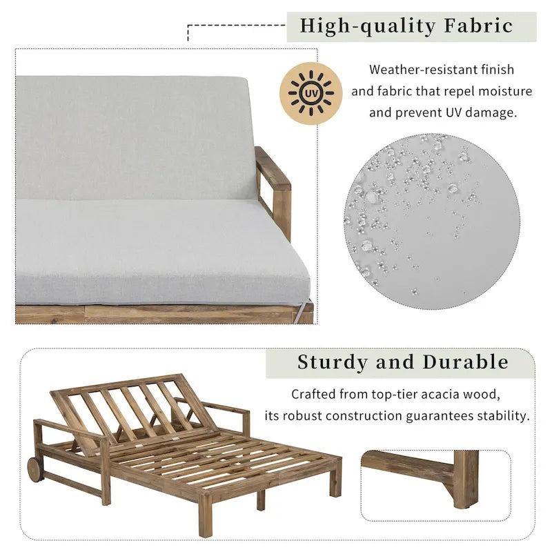Farmhouse Acacia Wood Outdoor Sunbed with Adjustable Backrest