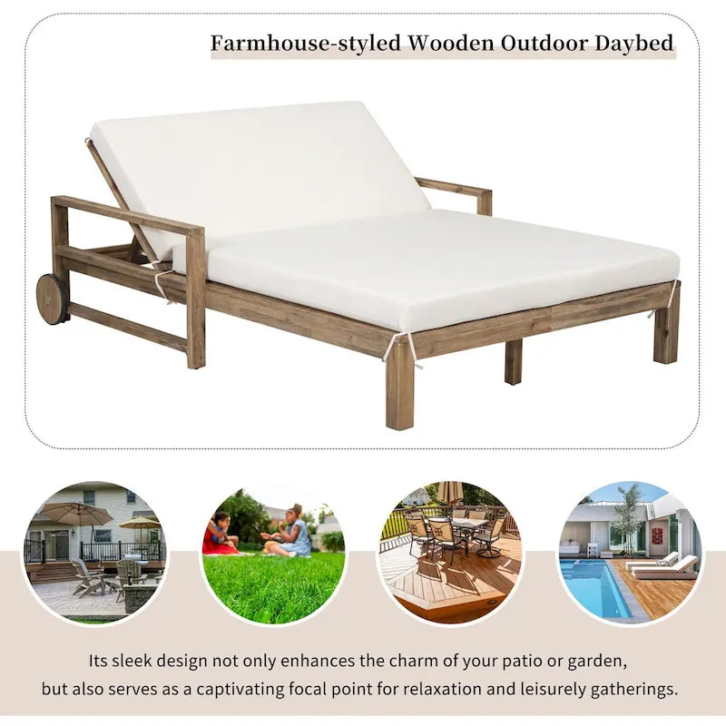 Farmhouse Acacia Wood Outdoor Sunbed with Adjustable Backrest