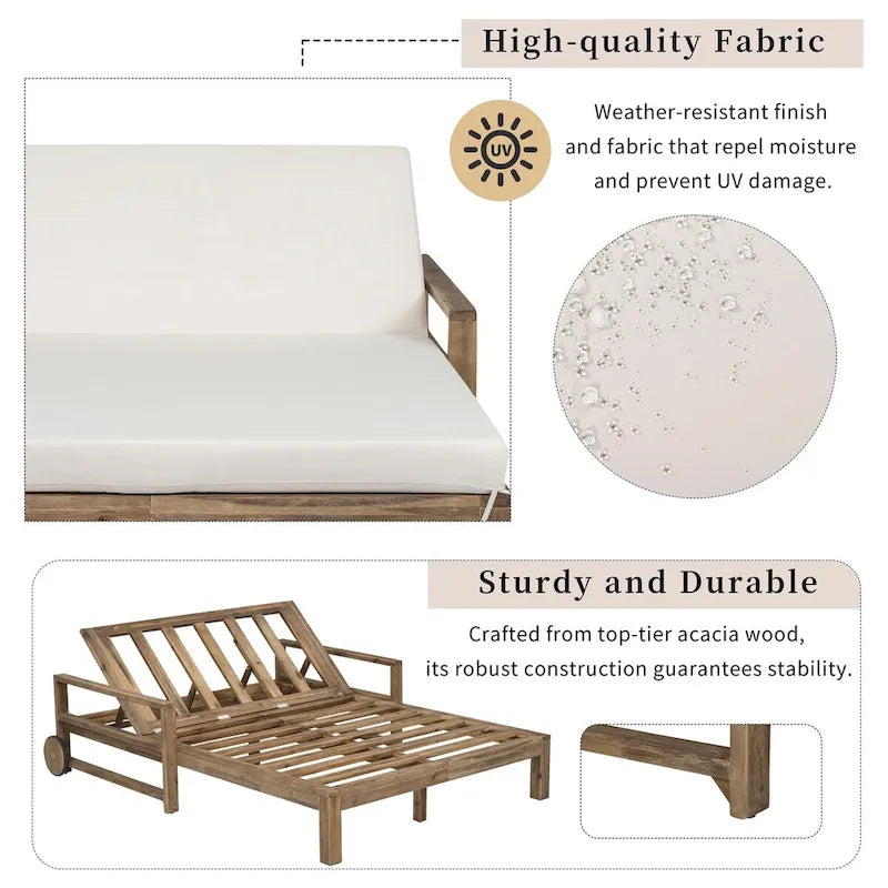 Farmhouse Acacia Wood Outdoor Sunbed with Adjustable Backrest
