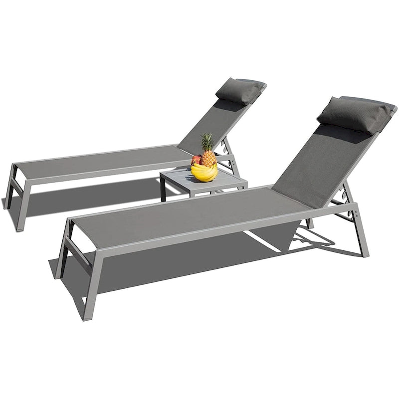 Outdoor Patio Chaise Lounge Set with Adjustable Back and Side Table - 3-Piece Aluminum Sunbathing Recliners