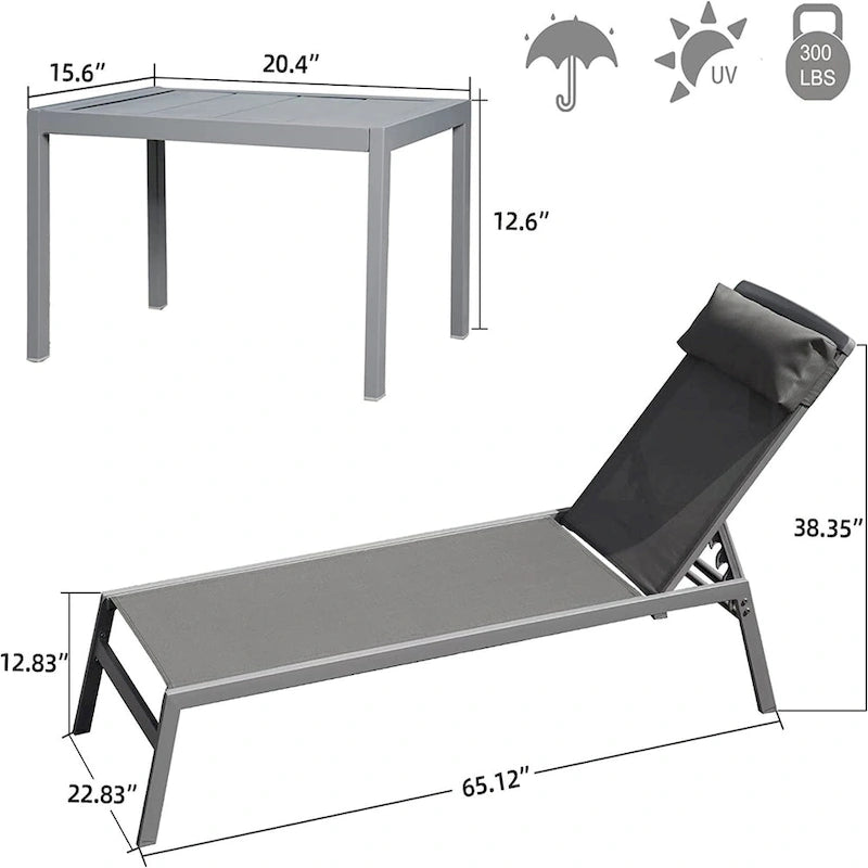 Outdoor Patio Chaise Lounge Set with Adjustable Back and Side Table - 3-Piece Aluminum Sunbathing Recliners