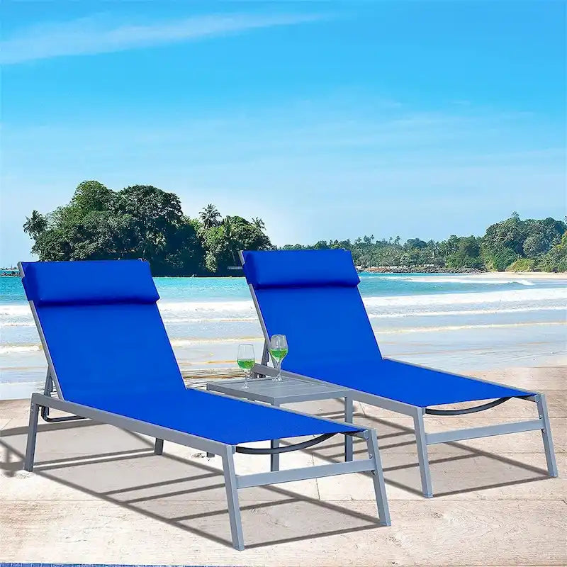 5 Adjustable Steel Outdoor 2 Chaise Lounge Chair with Pillow and 1 Table in Blue - N/A