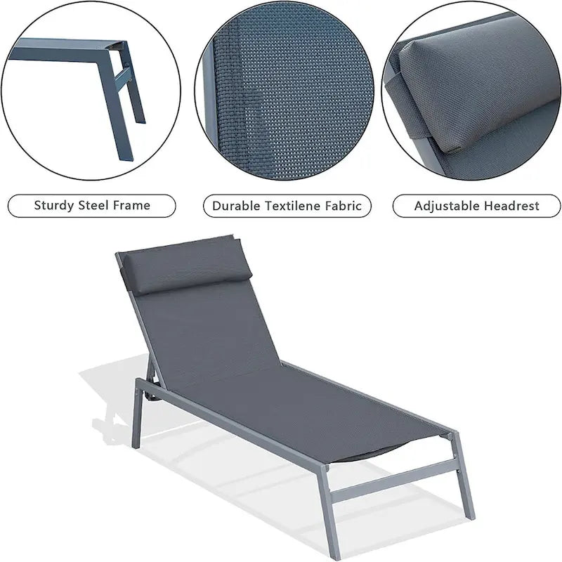 5 Adjustable Steel Outdoor 2 Chaise Lounge Chair with Pillow and 1 Table in Blue - N/A