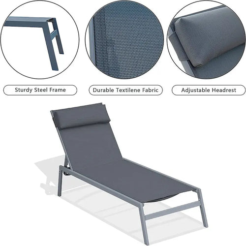 5 Adjustable Steel Outdoor 2 Chaise Lounge Chair with Pillow and 1 Table in Blue - N/A