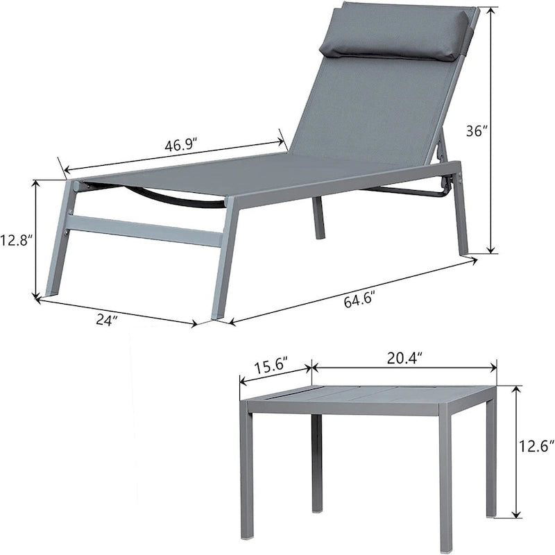 5 Adjustable Steel Outdoor 2 Chaise Lounge Chair with Pillow and 1 Table in Blue - N/A