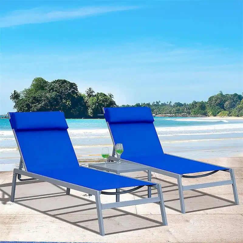 5 Adjustable Steel Outdoor 2 Chaise Lounge Chair with Pillow and 1 Table in Blue - N/A