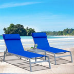 5 Adjustable Steel Outdoor 2 Chaise Lounge Chair with Pillow and 1 Table in Blue - N/A