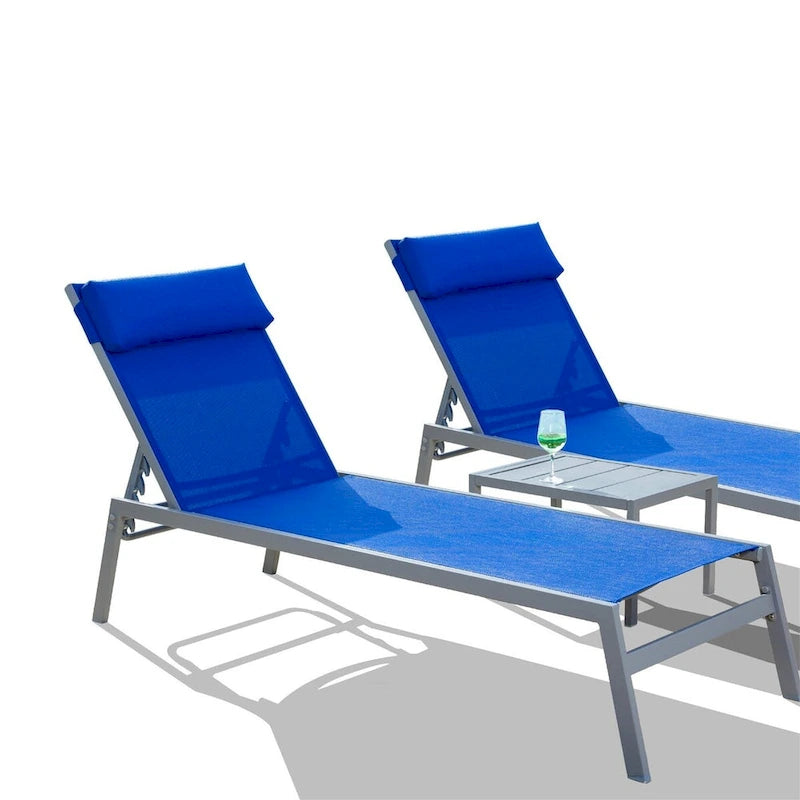 5 Adjustable Steel Outdoor 2 Chaise Lounge Chair with Pillow and 1 Table in Blue - N/A
