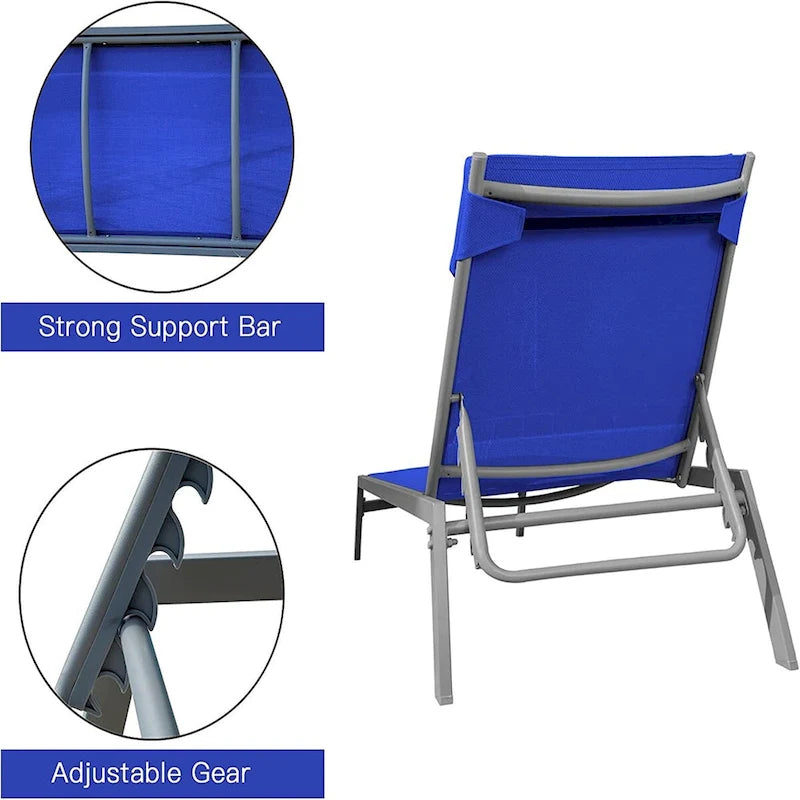 5 Adjustable Steel Outdoor 2 Chaise Lounge Chair with Pillow and 1 Table in Blue - N/A