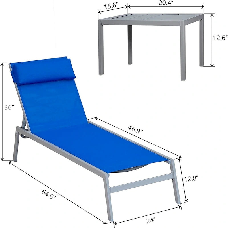 5 Adjustable Steel Outdoor 2 Chaise Lounge Chair with Pillow and 1 Table in Blue - N/A