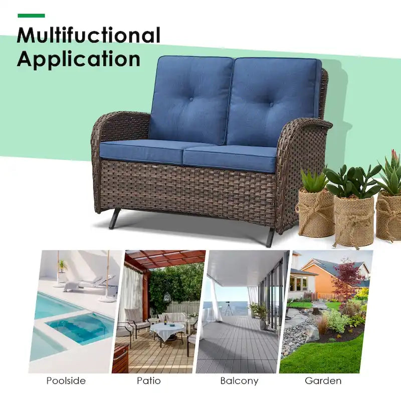 Outdoor Glider Bench Patio Loveseat with Swivel Chair - Brown