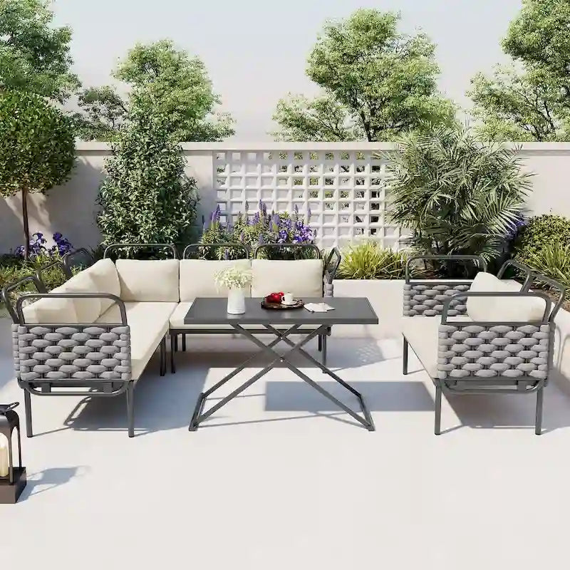 5-Piece Modern Patio Sectional Sofa Set with Glass Table and Cushions