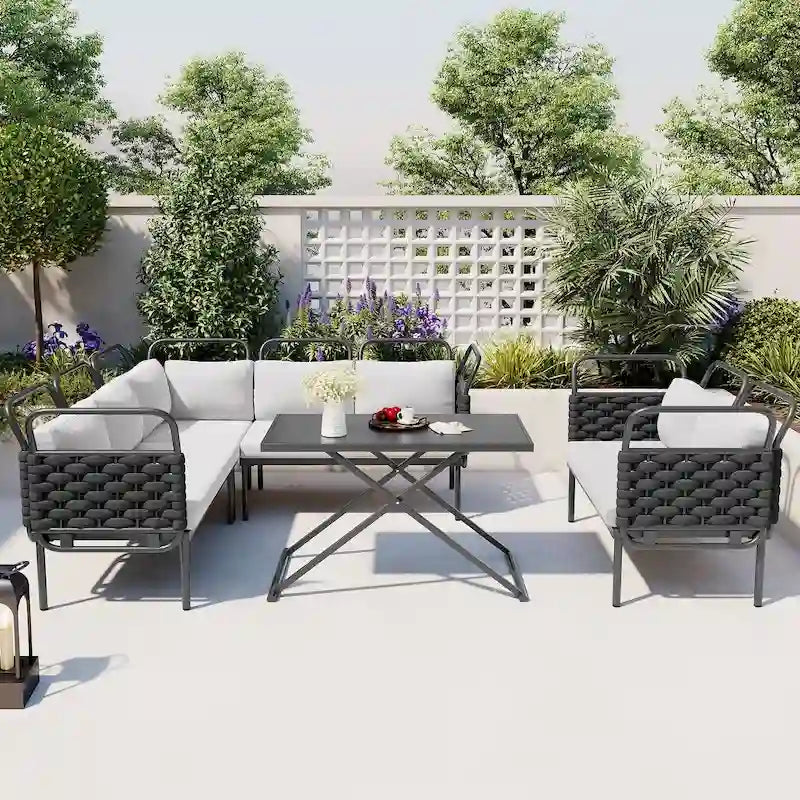 5-Piece Modern Patio Sectional Sofa Set with Glass Table and Cushions