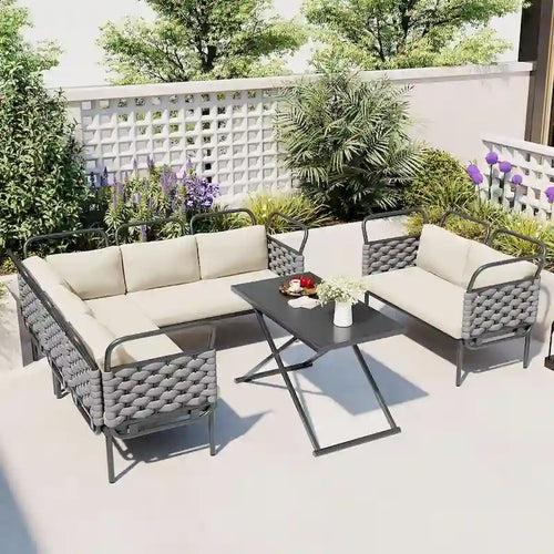 5-Piece Modern Patio Sectional Sofa Set with Glass Table and Cushions