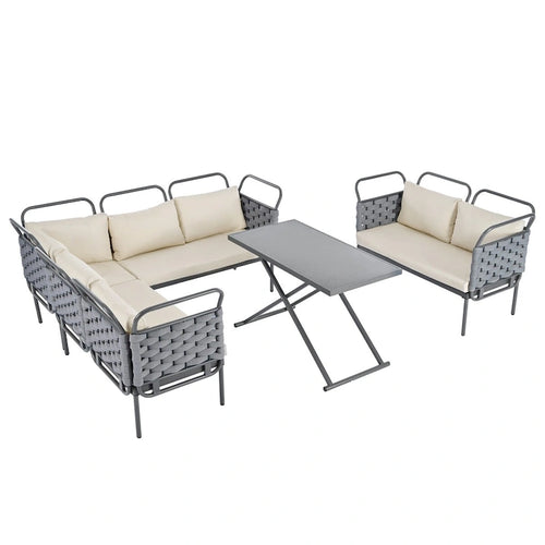 5-Piece Modern Patio Sectional Sofa Set with Glass Table and Cushions