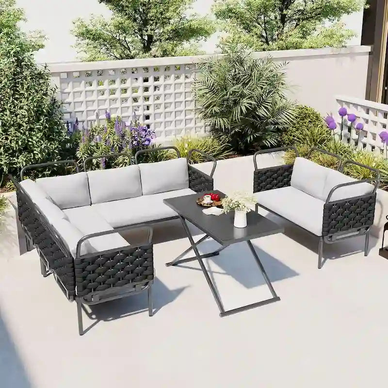 5-Piece Modern Patio Sectional Sofa Set with Glass Table and Cushions