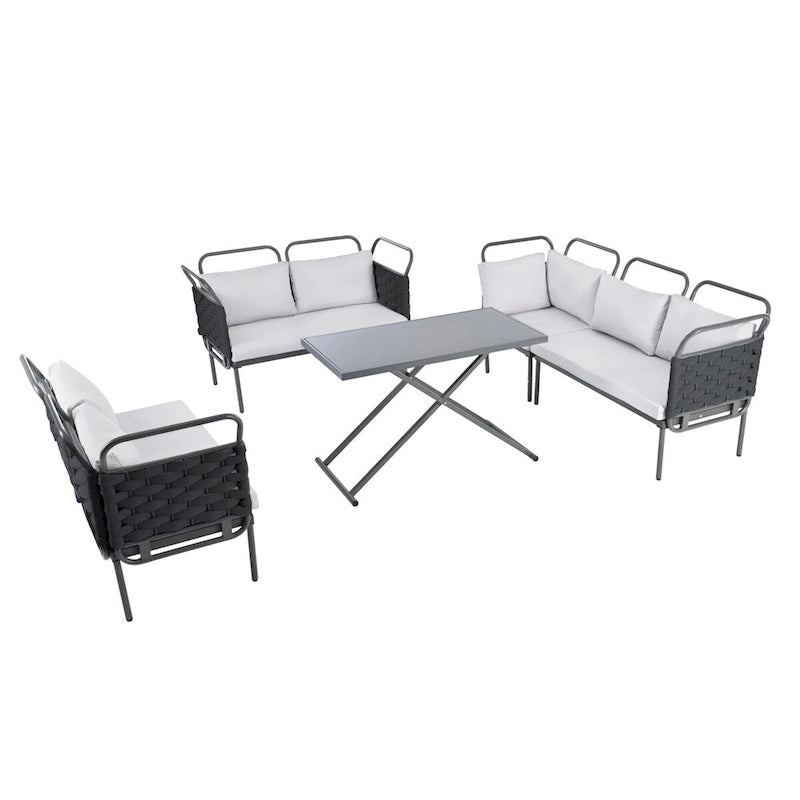 5-Piece Modern Patio Sectional Sofa Set with Glass Table and Cushions