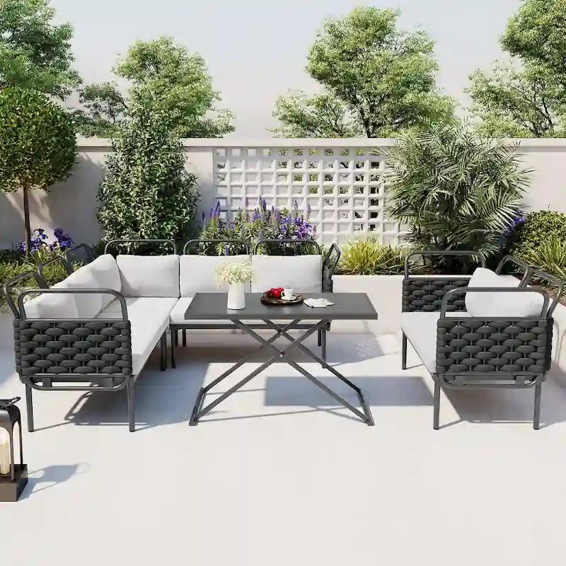 5-Piece Modern Patio Sectional Sofa Set with Glass Table and Cushions