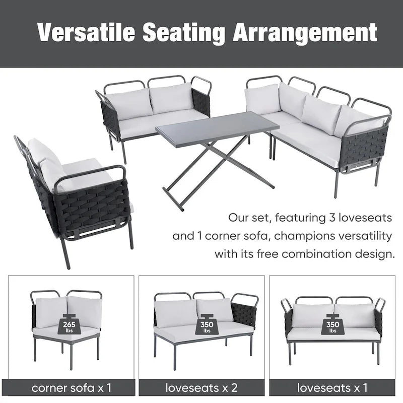 5-Piece Modern Patio Sectional Sofa Set with Glass Table and Cushions