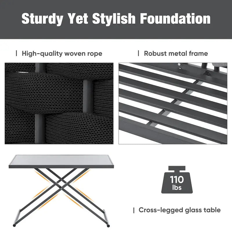 5-Piece Modern Patio Sectional Sofa Set with Glass Table and Cushions