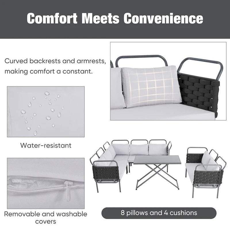 5-Piece Modern Patio Sectional Sofa Set with Glass Table and Cushions