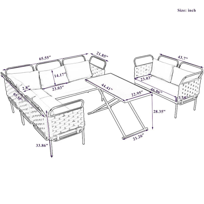 5-Piece Modern Patio Sectional Sofa Set with Glass Table and Cushions