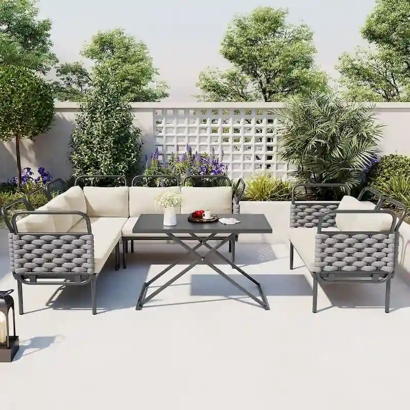 5-Piece Modern Patio Sectional Sofa Set with Glass Table and Cushions