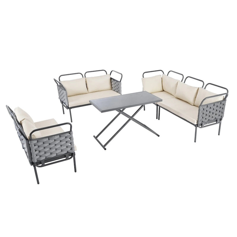 5-Piece Modern Patio Sectional Sofa Set with Glass Table and Cushions