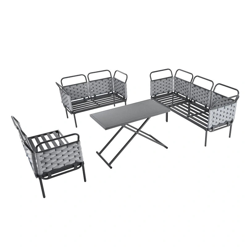 5-Piece Modern Patio Sectional Sofa Set with Glass Table and Cushions