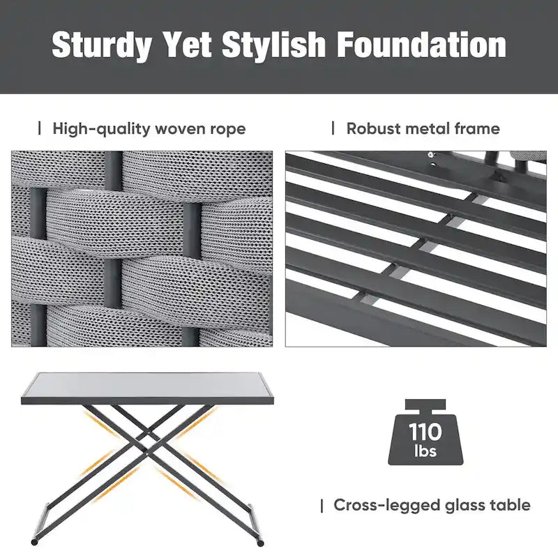 5-Piece Modern Patio Sectional Sofa Set with Glass Table and Cushions