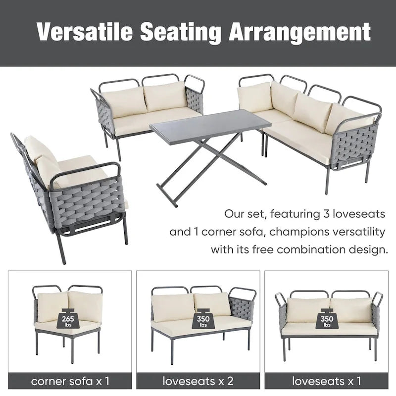 5-Piece Modern Patio Sectional Sofa Set with Glass Table and Cushions